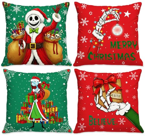 Aurblyn Nightmare Before 4PCS Christmas Pillow Covers Decorations Square Throw Pillow Case Xmas Cushion Covers Indoor Home Bedroom Sofa Xmas Sofa Decorations Party Decoration Jack and Sally