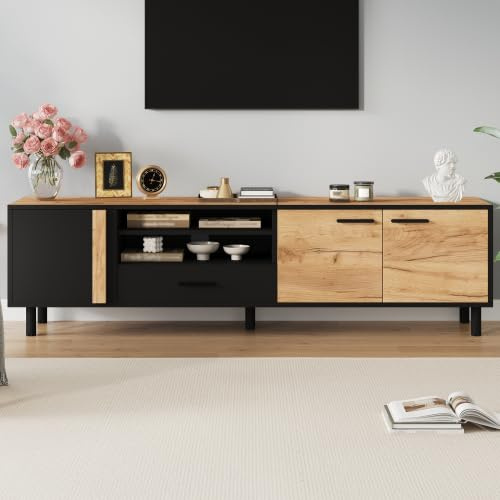 Merax TV Schrank Lowboard, 180x32,5x50 cm, Schwarz + Holzoptik, TV Konsole mit 3 Schränken und 1 Schublade, Passend für 80-Zoll Fernseher, Stabile Konstruktion mit 5 Stützbeinen
