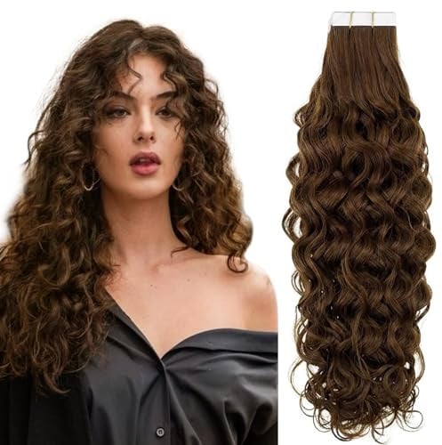 RUNATURE Tape Extensions Echthaar Lockig Extensions Tape in Extensions Echthaar Locken Echthaar Tape 45cm Braun Menschliches Haar 20 Stück 50g Curly Haarverlängerung Echthaar #4NW
