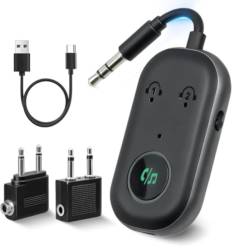 Bluetooth 5.3 Transmitter Receiver, 2-in-1 Airplane Bluetooth Adapter for 2 Wireless Headphones 3.5mm AUX Jack Audio Transmitter for TV Car Stereo Home Audio System Dual Device Pairing