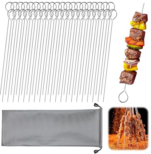 40 PCS Metal BBQ Skewers, 25cm 304 Stainless Steel Kebab Skewers | Reusable Kebab Sticks in Food-grade Stainless Steel, With Storage Bag, Easy to Clean, Rust-resistant, for Oven, Air Fryer