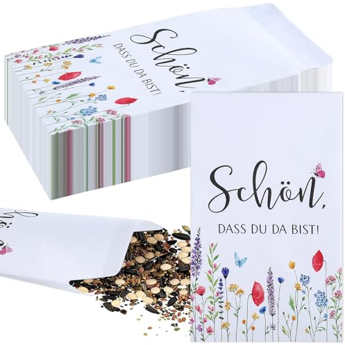 100 Stück Schön dass du da bist Samentüten, Hochwertige Blumensamen Tütchen mit Spruch, Kleine Papiertüten für Gastgeschenke, Dankeschön Geschenke Verpackung für Hochzeit Taufe Kommunion Geburtstag