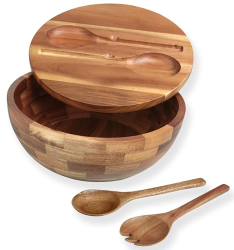 Guolich Saladier Bois Rond en Acacia avec Couverts