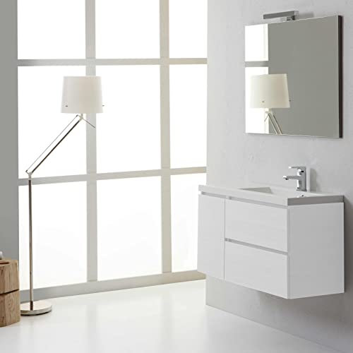 Kiamami Valentina Mobile bagno sospeso 90cm bianco foresta, 2 cassetti e 1 anta, lavabo con vasca destra e specchio 90x70| Manhattan