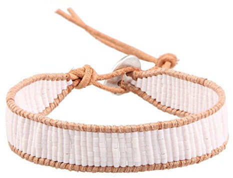 KELITCH Weiß Samen Wulstig Hand-Crafted Webstuhl Armband Auf Beige Leder