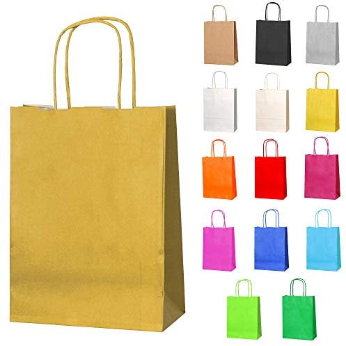 Thepaperbagstore 10 Doré Sacs-cadeaux en papier avec poignées - 18 x 22 x 8 cm - Sacs-cadeaux colorés pour fêtes d'enfants et d'adultes, anniversaires, mariages, baby showers, enterrements