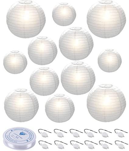 HAUSPROFI 12Pcs White Paper Lanterns with LED Lights Chinese Lanterns Decor