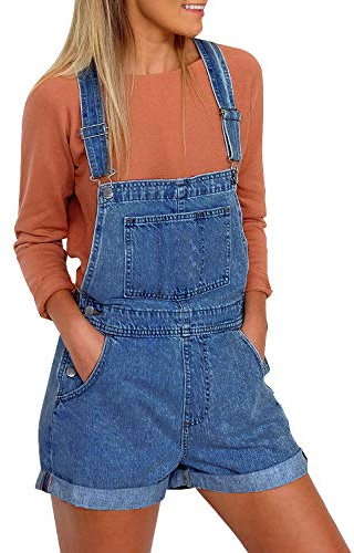 Roskiky Damen Schnallenriemen-Jeanslatzhose mit Bündchensaum-Taschen Dunkelblau Größe XL