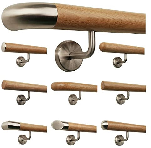 TIBU Eiche Holz Handlauf Geländer 0,3m - 6m, Länge 70 cm, Ende Edelstahlbogen und 2 gewinkelte Halter