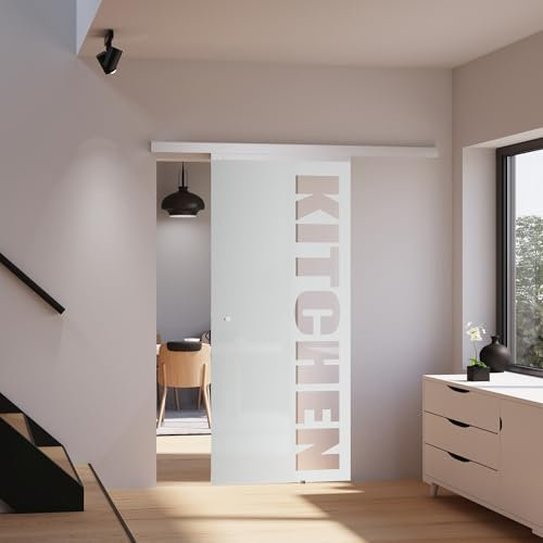 inova Schiebetür Glas 755x2035mm mit Kitchen Schriftzug Glastür Innentür Komplettset mit Laufschiene Griffknopf + beidseitigem Softclose