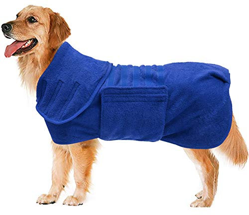 MOREZI Hundebademantel-Jackenweste,schnelltrocknendes Baumwoll-Stretchhandtuch,geeignet für Haustiere nach dem Baden und Spazierengehen-Blau-XL