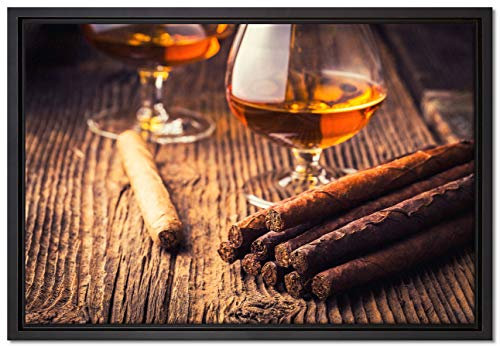 Pixxprint Whisky und Zigarre Leinwandbild 60x40 cm im Bilderahmen, Wandbild, Schattenfugenrahmen, Kein Poster