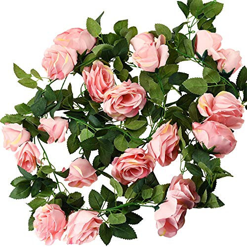 Shiwaki 2PCS 95cm / 37inch Artificielle Rose Guirlande De Fleurs Suspendues Verdure Vigne Soie Floral Vigne Maison De Mariage Arc Mur Artisanat Arrangement Décorations, Lot de 2 (Champagne Rose)