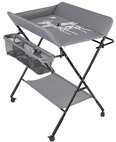 Mueble Cambiador Bebe Plegable y Portátil, Cambiador con 4 Ruedas, 3 Posiciones de Ajuste de Altura, Bañera Cambiador con Patrón de Jirafa (gris)