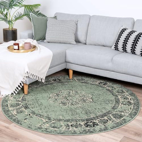 FRAAI | Home & Living Teppich Vintage Rund - Wonder Grün Schwarz - Polypropylen - Kurzflor - Vintage - Orientalisch - Wohnzimmer, Esszimmer, Schlafzimmer - Carpet