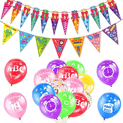 HOWAF Deko Einschulung Junge Mädchen Schulanfang Deko Set, Zuckertüten Girlande Schuleinführung Schulanfang Banner mit Bunt Einschulung Luftballon Schulkind Schultüte ABC 123 Motiven