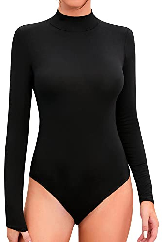 SHEIUGU Women's Mock Turtle Neck Long Sleeve Bodysuit Soft Slim Fit Stretchy Layer Top Classic Jumpsuit(Black-Large)