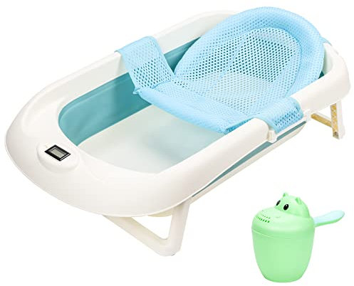 EINFEBEN Baby Badewanne Faltbar Babywannensitz Faltbare Babybadewanne mit Echtzeit-Temperaturerfassung Einfach zu verstauen,Badewanne für Babys mit Baby-Badenetz und Schöpfkelle Grün