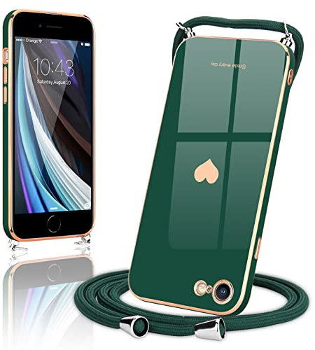 Wirvyuer Cover Compatible con iPhone 8, iPhone 7,iPhone SE2022, iPhone SE2020 Custodia con Cordino Regolabile Cuore Cover con Collana Tracolla Silicone Case per iPhone 7/8/SE2020/SE2022 Verde Scuro