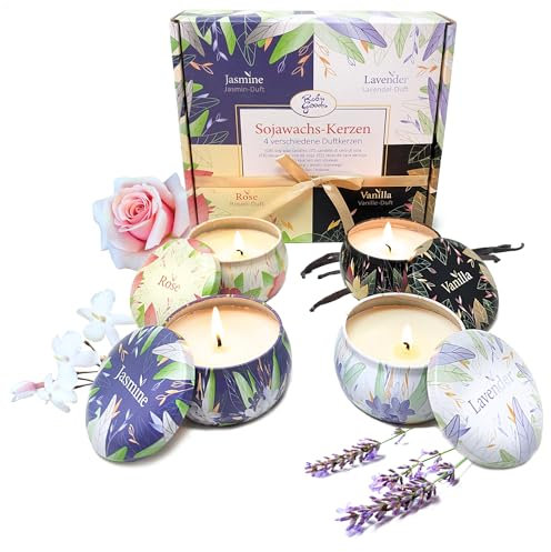 Robin Goods® 4X Sojawachskerze - Präsent-Set mit verschiedenen Duft-Kerzen - Aromatherapie - Wachs-Kerze - Geschenkset für Valentinstag, Muttertag und Geburtstag