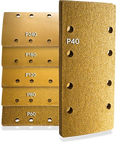 INNONEXXT Ensemble de papier abrasif Premium| Disques abrasifs excentriques|Papier abrasif universel Velcro | 10x P40 - P400 pour Bois, Métal et Peinture| Or (60 pièces, 93 x 186 mm)