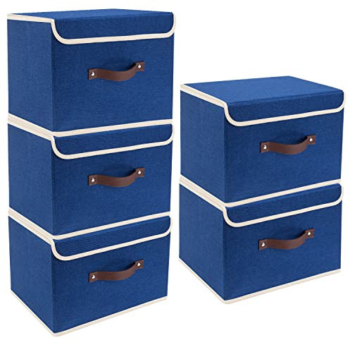 TYEERS Faltbare Aufbewahrungsbox mit Deckel, Stoff, Waschbare, Kisten Aufbewahrung mit Deckel, 38x25x25 cm, 5-Stück, Klassisch Blau