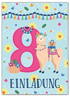 Junapack 12 Einladungskarten zum 8. Kindergeburtstag Einladung zum achten Geburtstag Mädchen Lama