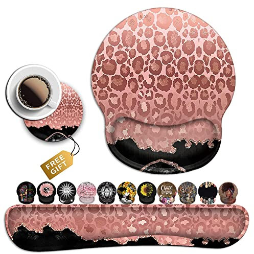 Damen Schreibtisch-Mauspad mit Armband, weiche Memory-Schaum-Tastatur-Handgelenkauflage, Tastatur-Mauspad-Set, modisches Roségold-Leopardenmuster und schwarzes Marmor-Design