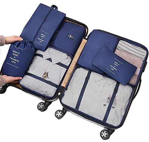 8 Piece Packing Cube Set, Travel Luggage Organiser, Storage Bags, Suitcases, Packaging, Includes Updated Toiletry Bag, Laundry Bag and Shoe Bag (Beige) (Navy Blue)