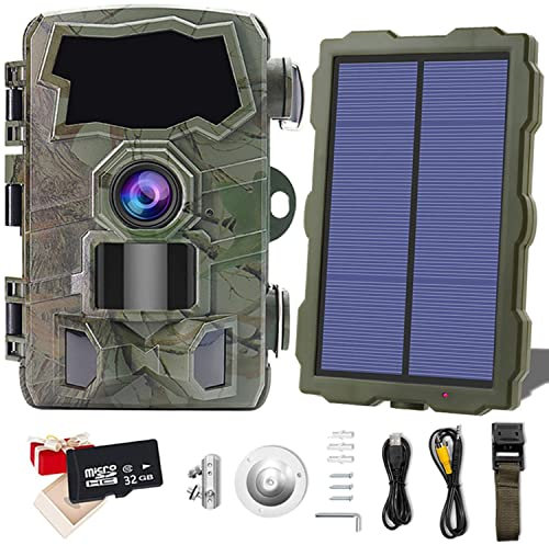 Cámara de Caza 4K HD 32MP 1080P WiFi Trail Game Camera Visión Nocturna 65ft 0.2s Velocidad Disparo IP66 Impermeable Bluetooth Cámaras de Juego de Vida Silvestre con Panel Solar y 32GB Tarjeta