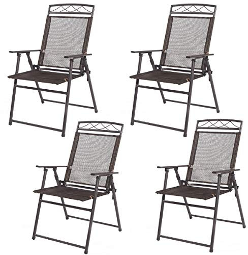 COSTWAY Set of 4 Folding Garden Chairs, Portable High Back Patio Dining Chairs with Armrests, Outdoor Steel Frame Camping Sling Chairs for Deck, Balcony, Yard and Beach