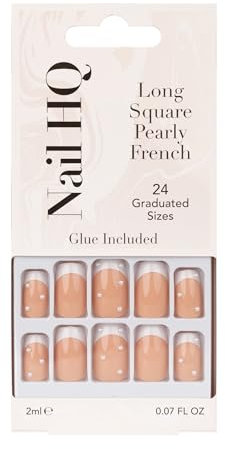 Nail HQ Press On Nails – Long Square Pearly French Nails, 24 Durable Glossy Finish False Nails for Salon-Quality Manicure at Home