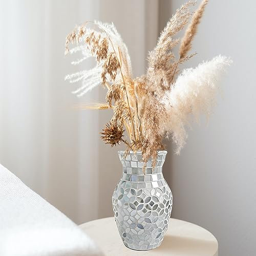 HMRCYTE Kristall-Mosaik-Vase, Craquelé-Glasvase, glänzend, moderne Dekoration, handgefertigte Vase, Glitzer-Mosaik-Akzentbehälter, Bücherregale, Hochzeitsgeschenk (silbergrau)