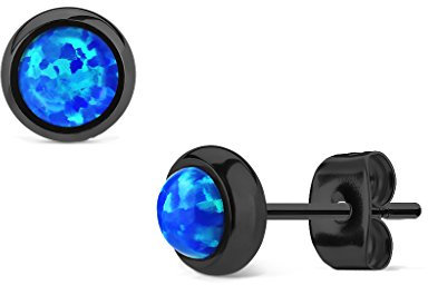 Bungsa Damen Ohrstecker mit einem 6mm Opal-Stein aus 316L Edelstahl (Schwarz-Blau)