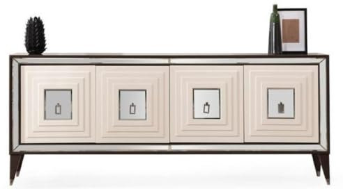 Casa Padrino Luxus Sideboard Dunkelbraun/Creme/Silber 220 x 48 x H. 90 cm - Verspiegelter Massivholz Schrank mit 4 Türen - Esszimmer Möbel - Luxus Möbel - Luxus Einrichtung