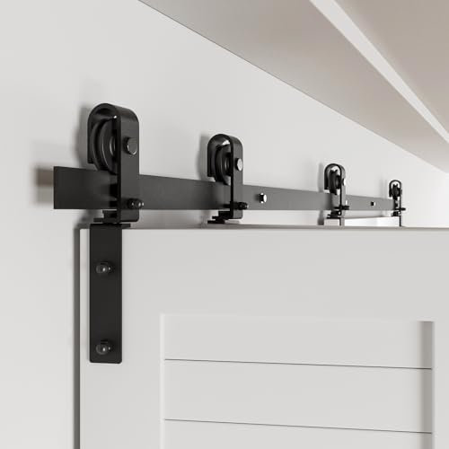 BONIKLUBA Doppel-Falttür-Scheunen-Schiebetür-Hardware-Kit für 4 Türpaneele, glatt und leise, 172,7 cm, schwarze Schiene und J-Roller (ohne Türen)