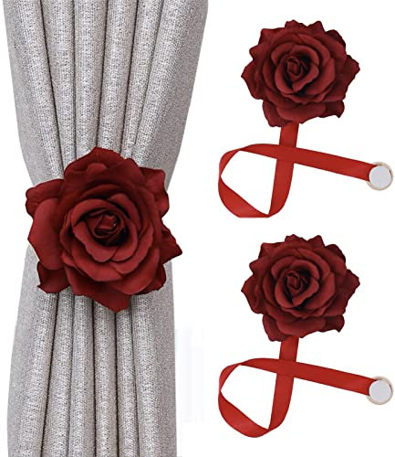 FCSHFC Magnetisch Vorhang Raffhalter, Rose Dekorativ Raffhalter for Gardinen Moderner Stil Draussen Und Innen Gardinenhalter (Color : Rot)