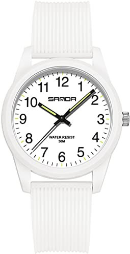 Weiß Damenuhren 5ATM Wasserdicht, Einfach Minimallistic Armbanduhr für Damen Silikon Armband Analog Quarz Sportuhr für Mädchen Frauen Kids