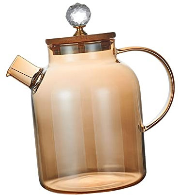Duiaynke Wooden Lid Borosilicate Glass Teapot Lid Seal Leak-proof Design Wide Mouth Cold Water Bottle Filter Element Teapot (Light Brown 1.8L)