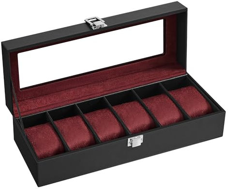 SONGMICS Porta Orologi a 6 Posti, Scatola Portaorologi, Coperchio in Vetro, Cuscini Rimovibili, Chiusura in Metallo, Idea Regalo, Superficie in PU Nero, Interno Rosso Bordeaux JWB006R01