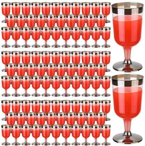 Uiifan 100 Pieces Plastic Wine Glasses 6 oz Plastic Wine Cups with Silver Rimmed Plastic Goblets Reusable Wine Plastic Cups Clear Silver Cups Bulk for Wedding Birthday Champagne Party Supplies