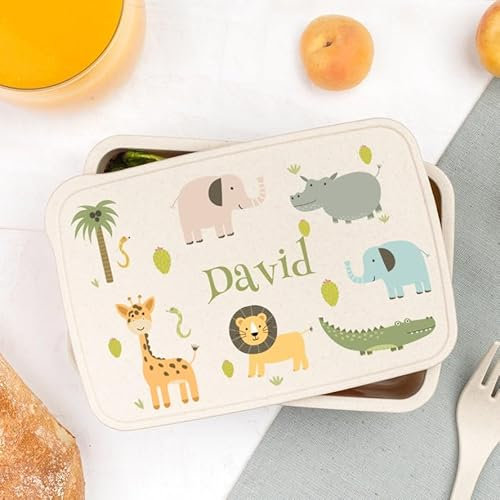 Wanapix | Fiambrera Infantil Personalizada | Caja Merienda con Nombre | Colegio/Guardería | Fiambrera para Niños | Con Cubiertos | Sin BPA | 700ml | Animales