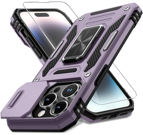 DEERLAMN for iPhone 14 Pro Case with Slide Camera Cover+Screen Protector(1 Pack),Rotated Ring Kickstand Military Grade Shockproof Protective Cover 6.1 Inch-Deep Purple