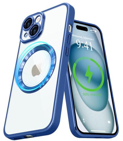 Pepmune Magnetic Case for iPhone 15 Compatible with MagSafe Wireless Charging and Camera Lens Protector,Clear Plating Bumper Protective Phone Case-Blue