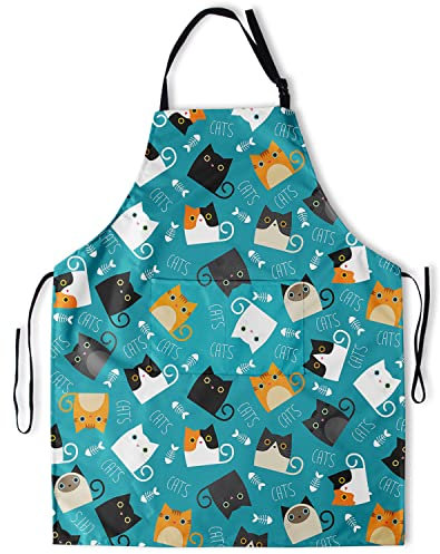 Aytipun Lustige Schürzen mit Taschen Küche Kochschürze Verstellbarer Hals für Frauen Männer Urlaub Dekorationen Geschenk, Blaugrün Katze, Einheitsgröße