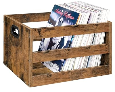 CHOEZON Vinyl Record Storage Crate, Record Storage Holder, Vintage Wood File Storage Organizer, Cube Photo Album Storage Box, for Albums, Files, Photo Albums, Rustic Brown MCW01FG