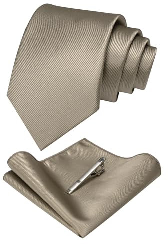 JEMYGINS Cravate Homme en Soie et Pinces à cravate Carre de poche Set Brun clair