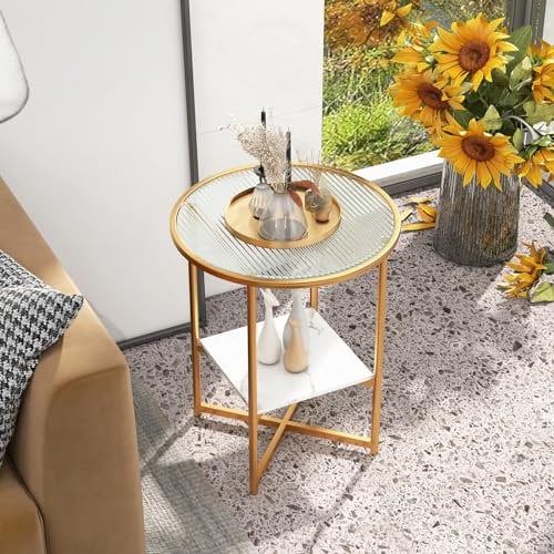 GIANTEX Table d'appoint ronde Ø 50 cm, table de chevet, table de canapé, table de chevet, table de canapé, table basse en verre trempé et bois, table basse, table de téléphone, table de salon, petite