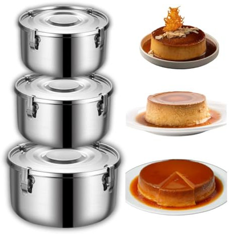 SISIGOO Edelstahl-Flanformen zum Backen mit Wasserbad 3 Stück Kuchenform Formen für Flan Flanera para baño Maria Quesillera Venezolana con tapa Molde Flan Maker (3 groß) Pack-3
