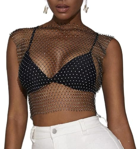 Damen Glitzer Tanktops, schwarze sexy Mesh Tops mit Diamant Aushöhlung, durchsichtige mit Strasssteinen besetzte Crop Tops für Festival Club Rave Outfits, Diamant Kristall Cover Up Clubwear Bluse